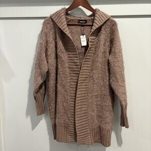 NWT Express Sweater Womens XS Tan Mocha Hooded Open Front Cardigan Cozy Fuzzy